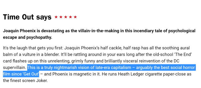 Screen grab of Time Out review. The review shows five stars. I've highlighted the text: This is truly nightmarish vision of late-era capitalism - arguably the best social horror film since 'Get Out'